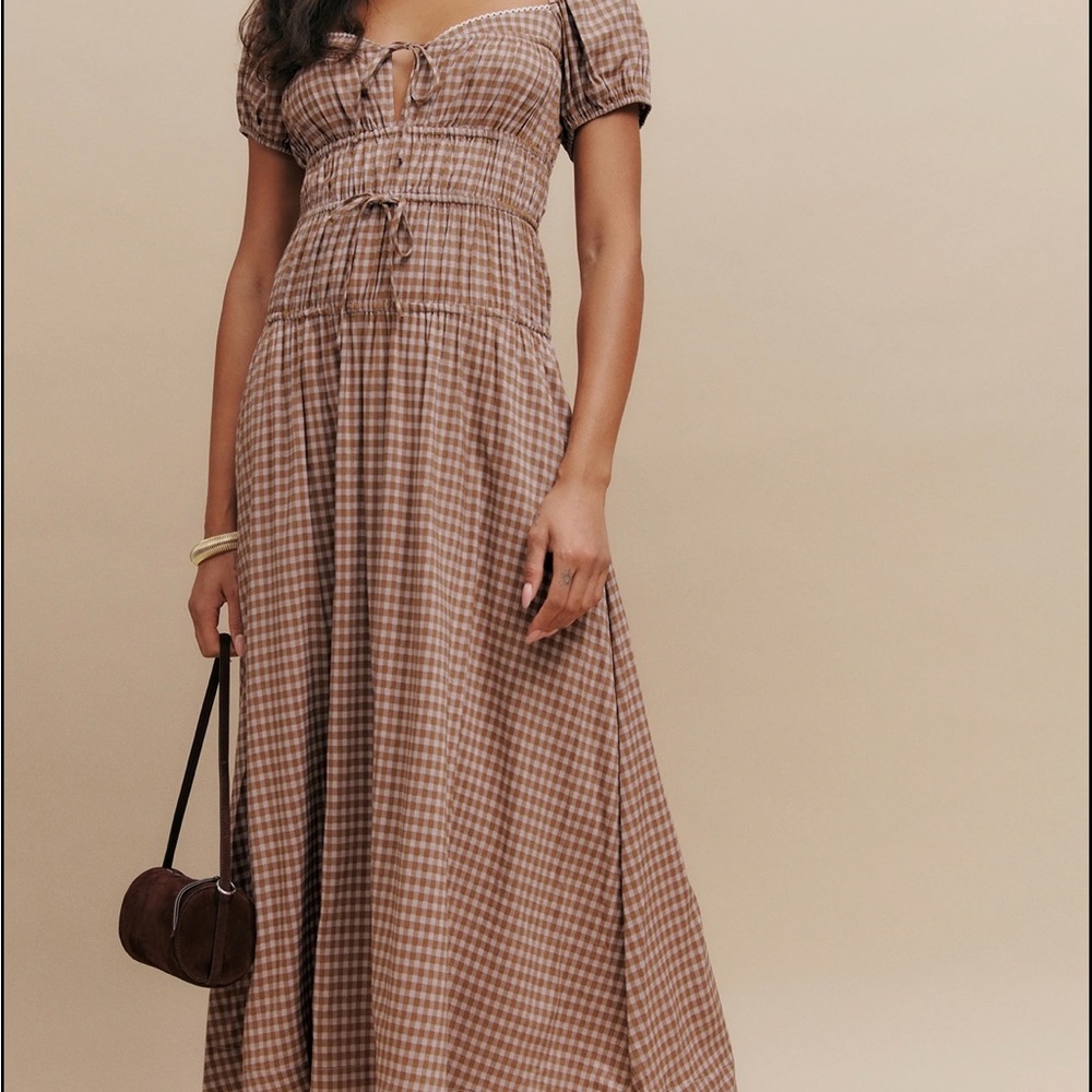 Reformation Brown Gingham Midi Dress